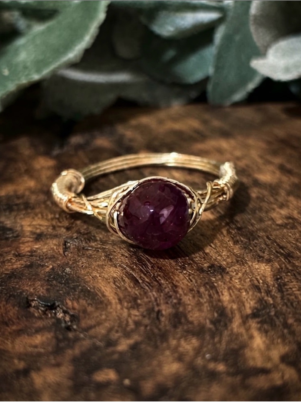 Genuine Ruby Gold plated Wire Wrapped Ring size 9